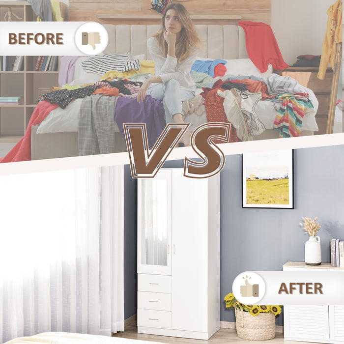 Modern Mirror Wardrobe with Adjustable Shelf - 2 Door Cupboard and 3 Drawers, 80x50x180cm - Sleek White Home Storage Organizer for Bedroom