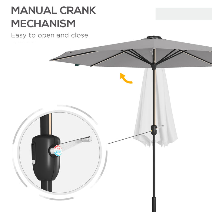 Solar LED Garden Parasol - Crank Handled Light Grey Patio Umbrella for Outdoors - Illuminated Nighttime Comfort for Deck & Backyard