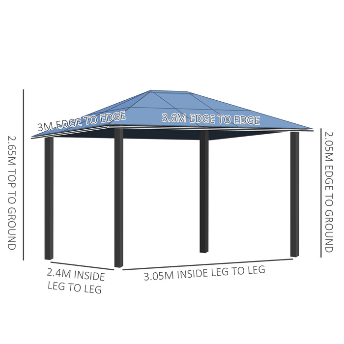 Polycarbonate Hardtop Gazebo 3.6x3m - Aluminium Frame with Solar-Powered LED Lights, Mosquito Netting, and Privacy Curtains - Outdoor Shelter for Patio and Garden Comfort