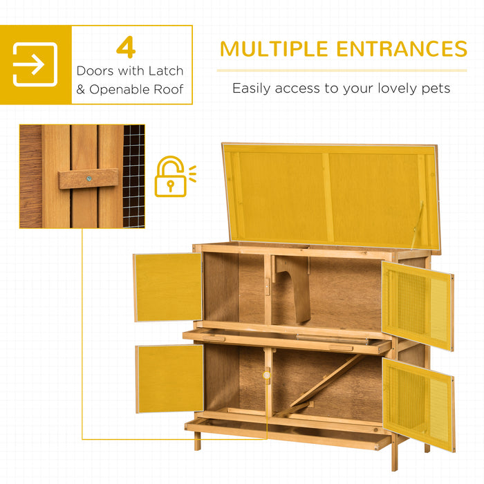 Double Decker 2-Tier Rabbit Hutch - Outdoor Guinea Pig House with Slide-Out Tray, Asphalt Roof & Ramp, 100x47x91cm - Ideal Shelter for Small Pets in Yellow