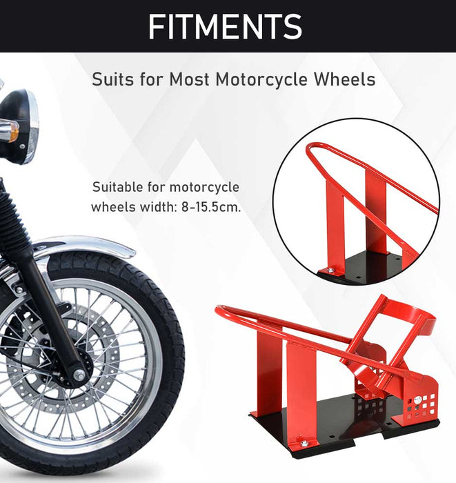 Steel Motorcycle Wheel Chock - Freestanding, Secure Bike Stability in Red - Ideal for Maintenance and Storage Stability