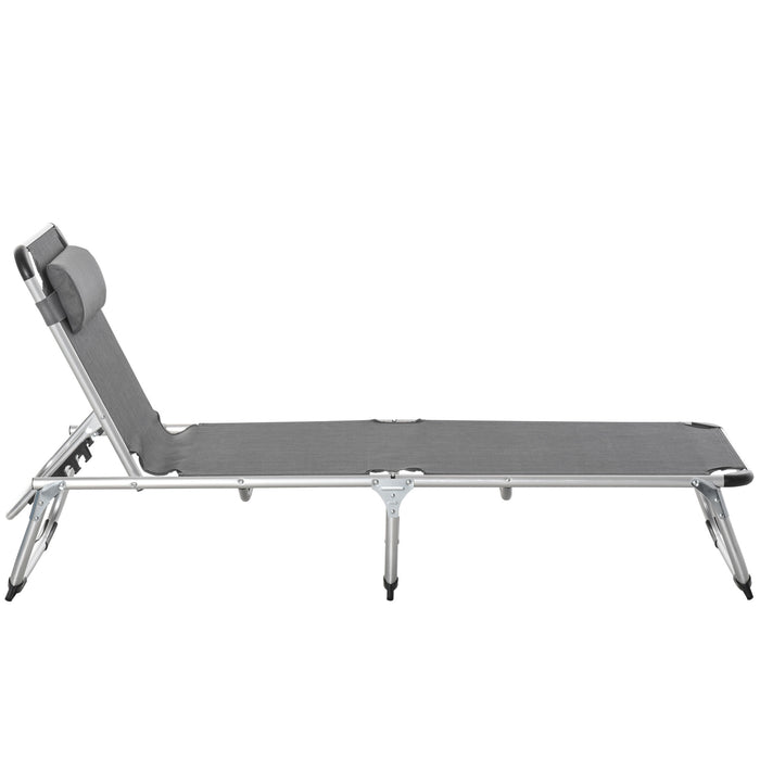 Aluminum Frame Foldable Garden Lounger with Pillow - 5-Level Adjustable Back Camping Bed Cot, Grey, 76H x 170L x 60W - Perfect for Outdoor Relaxation and Comfort