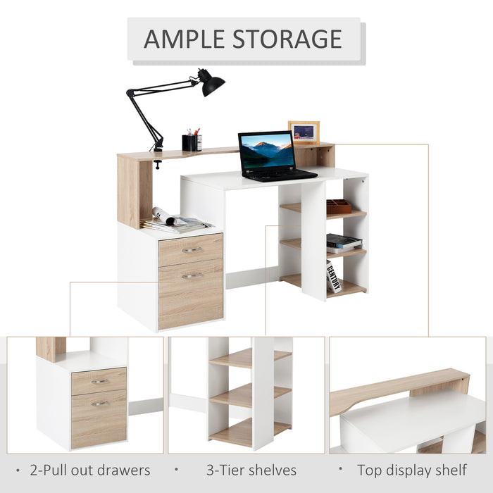 Modern Oak and White Computer Desk - Home Office Writing Workstation with Printer Shelf, Storage Drawer & Shelves - Ideal for Remote Work and Study Spaces