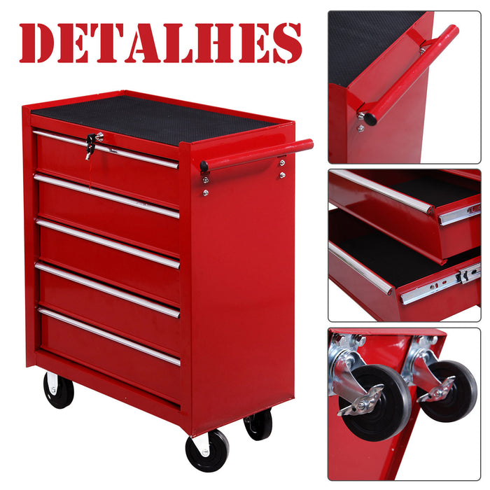 5-Drawer Rolling Tool Chest - Lockable Steel Cart with Wheels and Side Handle for Workshop & Garage Storage - Ideal for Mechanics and DIY Enthusiasts