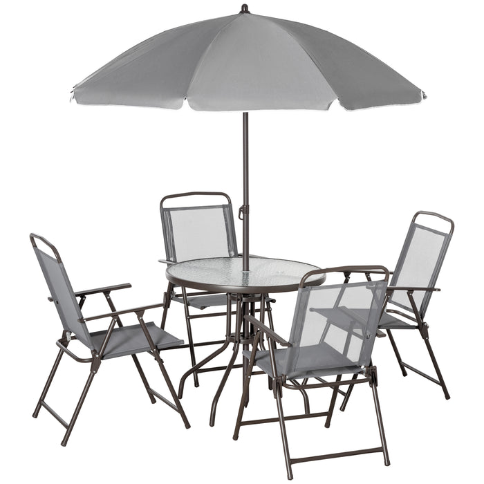 6 Piece Patio Dining Set - Umbrella, Folding Chairs & Tempered Glass Table - Ideal for Garden, Backyard, Poolside Lounging