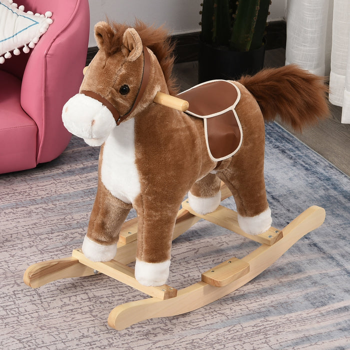 Plush Rocking Horse with Sound Features - Sturdy Brown Children's Ride-On Toy - Ideal for Enhancing Motor Skills and Playtime Fun