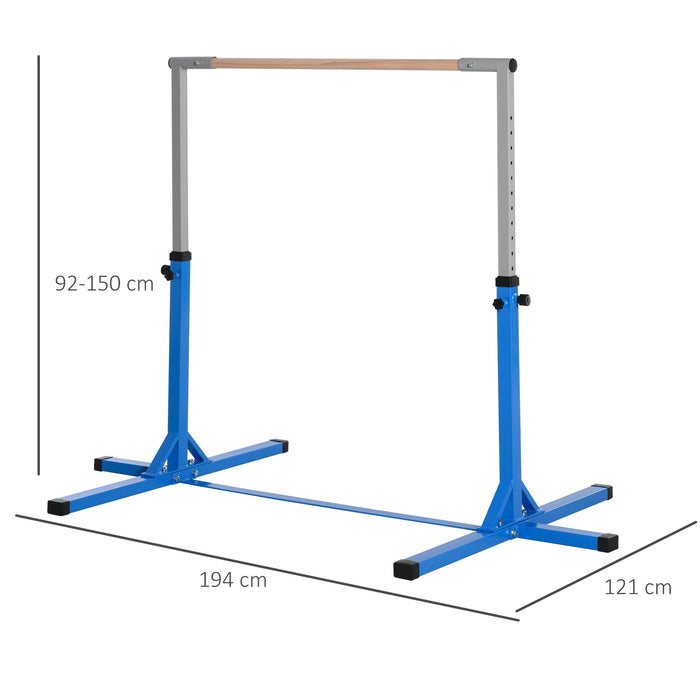 Kids' Gymnastics Training Bar - Height Adjustable, Steel Frame with Wooden Bar, Blue - Perfect Home Gym for Junior Gymnasts