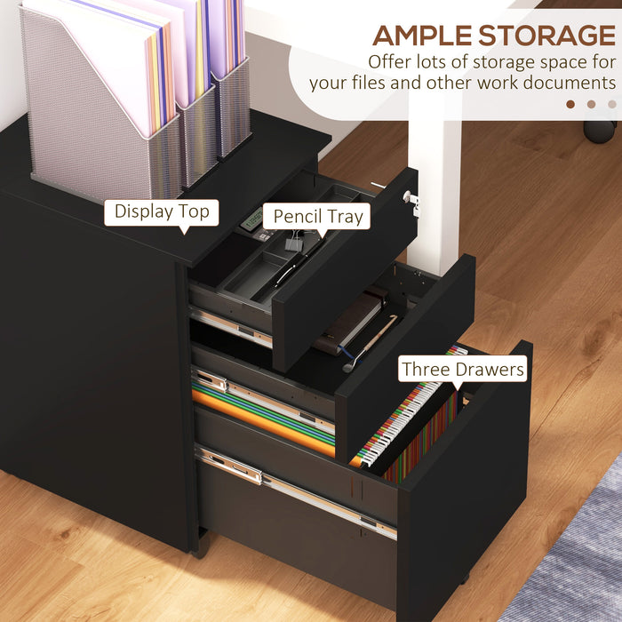 3-Drawer Vertical Filing Cabinet with Lock and Pencil Tray - Steel Mobile Storage, Adjustable Hanging Bar for A4/Legal Documents - Secure Office Organization