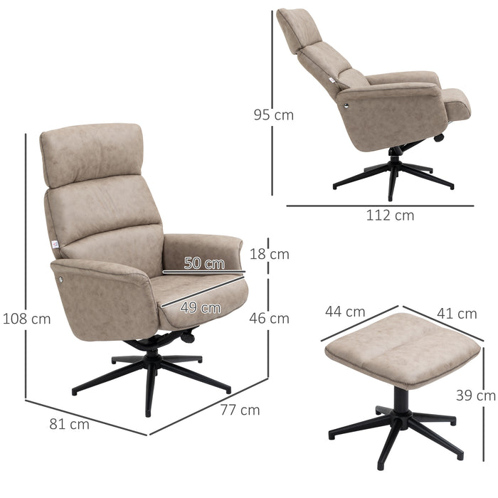 Adjustable Swivel Recliner Chair with Matching Footstool - Upholstered Reclining Armchair, Khaki, with Removable Headrest - Comfortable Lounge Seating for Home & Office Use