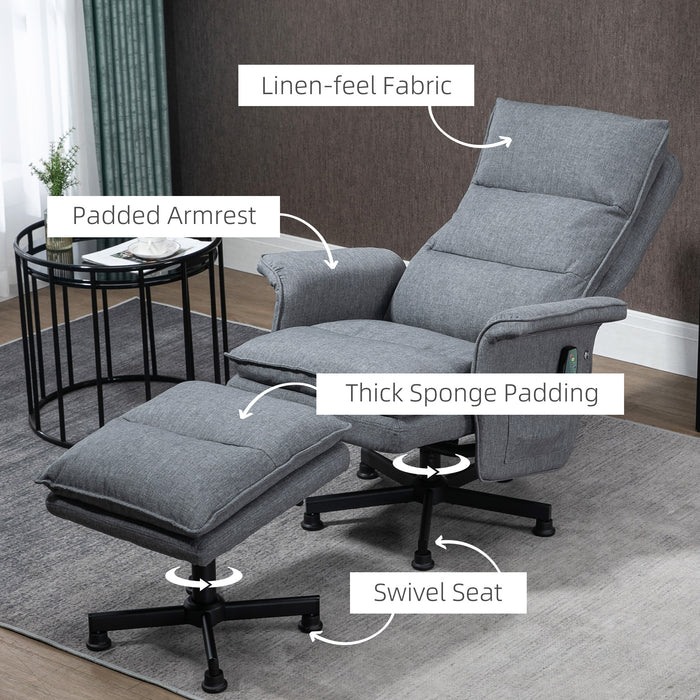 Swivel Recliner and Ottoman Set - Upholstered Massage Armchair with Remote, Timer, Steel Base in Grey - Comfortable Lounging for Home and Office