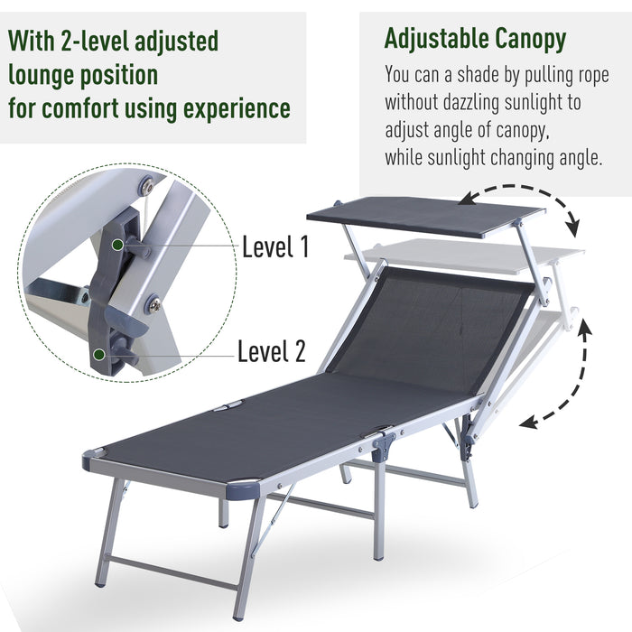 Garden Sun Lounger with Texteline Fabric and Canopy - Adjustable Reclining Chaise Lounge, Aluminum Frame in Grey - Ideal for Outdoor Relaxation and Comfort