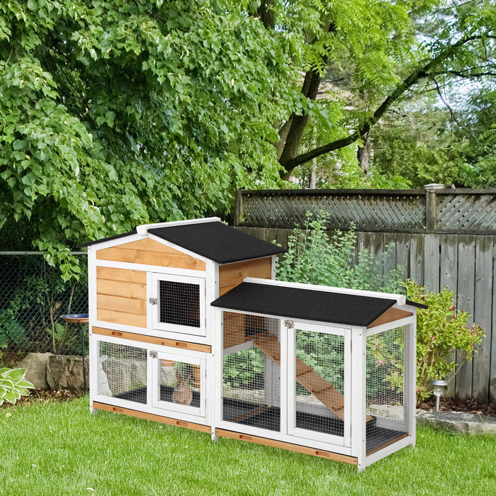 2-Tier Rabbit Hutch - Spacious Wooden Pet Cage with Sliding Tray and Ramp for Guinea Pigs and Small Animals - Outdoor Use, 157.4x53x93.5cm, Yellow