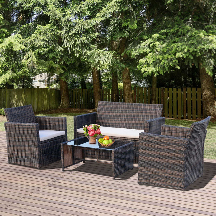 4-Seater Rattan Garden Sofa Set - Outdoor Patio Furniture with Wicker Weave 2-seater Bench, Chairs & Coffee Table - Ideal for Conservatory and Brown Patio Decor