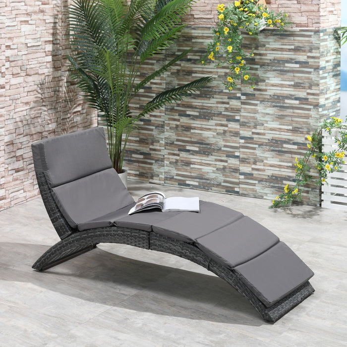Garden Patio Rattan Wicker Sun Lounger - Folding Recliner Bed Chair with Grey Cushion for Outdoor Comfort - Ideal for Poolside Relaxation & Backyard Sunbathing