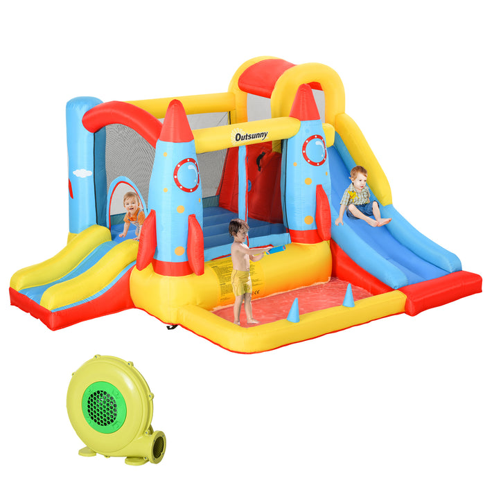 Kids 3-in-1 Bounce Castle with Rocket Design - Inflatable Trampoline, Slide, and Water Pool - Fun and Safe Play Area for Ages 3-10, Includes Blower, 3.3 x 2.65 x 1.85m