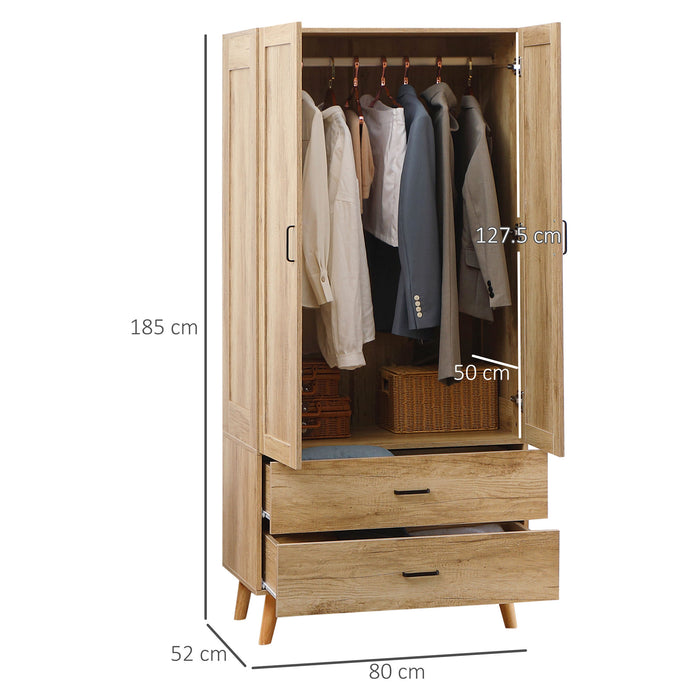 Modern 2-Door Bedroom Wardrobe - Sleek Design with 2-Drawer Storage and Hanging Rail - Space-Saving Closet Solution for a Natural Aesthetic