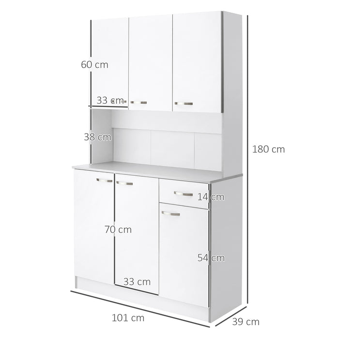 Freestanding Kitchen Cupboard Organizer - 6-Door Storage Cabinet with Drawer and Adjustable Shelves, Open Countertop Design - Ideal for Dining Room Organization, White Finish