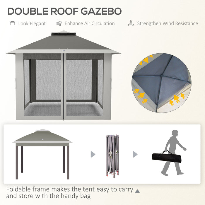 Double-Roof Pop-Up Canopy Tent - Easy Setup with Zipped Mesh Sidewalls & Carrying Bag - Ideal Height-Adjustable Shelter for Patio & Garden Use