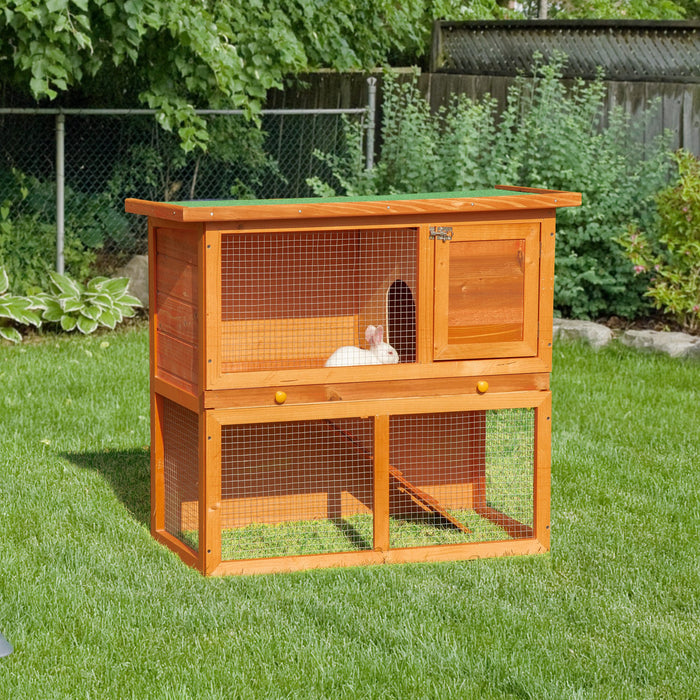 Double Decker Wooden Hutch for Rabbits and Guinea Pigs - 2-Tier Pet Cage with Sliding Tray and Opening Top - Ideal for Small Animal Housing and Easy Maintenance