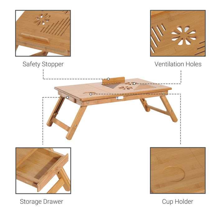 Portable Bamboo Laptop Desk - Foldable Design with Built-In Drawer - Ideal for Home Office and Travel Convenience