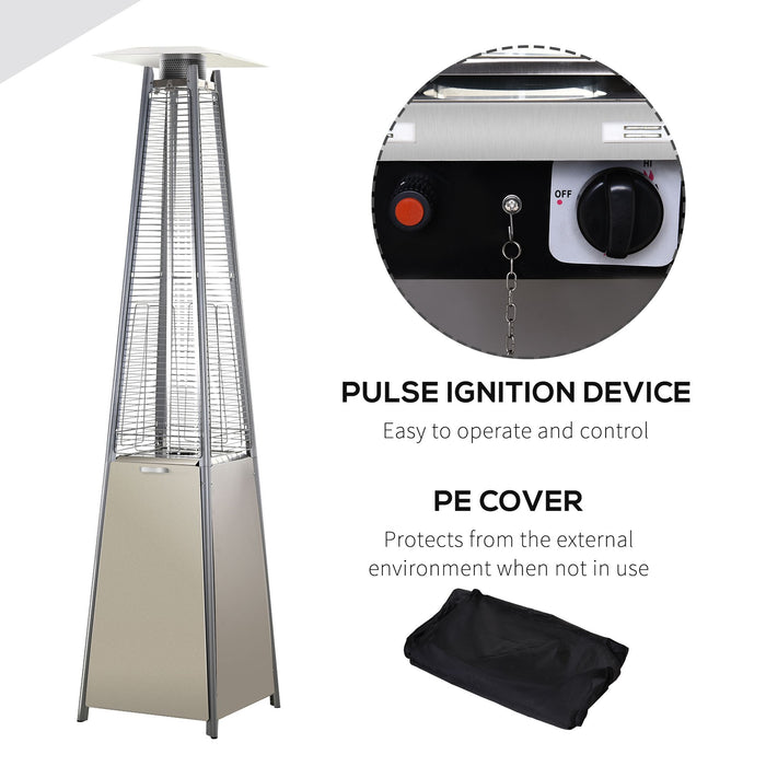 10.5KW Stainless Steel Pyramid Patio Heater - Outdoor Garden Propane Gas Warmer with Glass Tube, Wheels, Rain Cover - Cozy Flame Heating for Backyard Gatherings