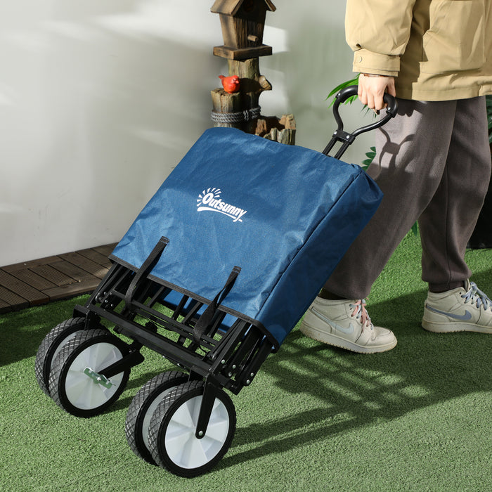 Folding Beach and Garden Cart - Pull Along Wagon with Telescopic Handle in Blue - Ideal for Outdoor Gear Hauling