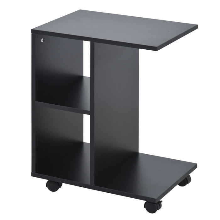 C-Shape Mobile End Table - Unique Storage Unit with Dual Shelves and 4 Rolling Wheels - Versatile Freestanding Cabinet for Home Office and Studio Use, Black