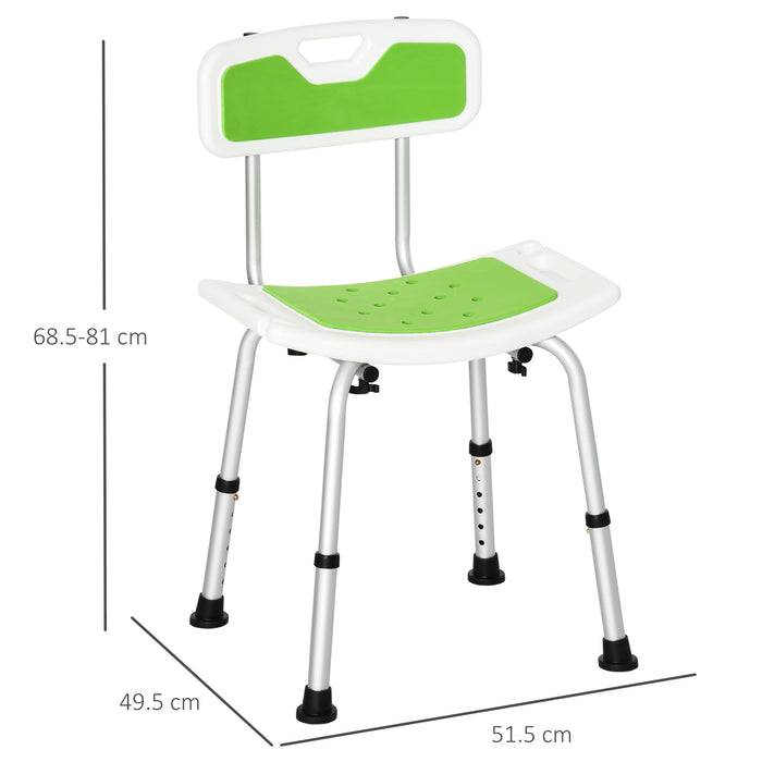 6-Level Height Adjustable Shower Chair - Elderly/Disabled-Friendly Stool with Backrest and Curved Seat - Features Anti-slip Foot Pads in Green