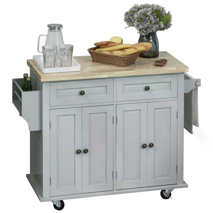 Kitchen Storage Cart on Wheels - Rubber Wood Top Island Trolley with Drawers - Space-Saving Organizer for Dining Room, Grey