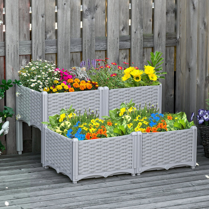 4-Piece Elevated Garden Bed Kit - Patio Flower & Vegetable Planter Boxes in Grey Polypropylene - Ideal for Outdoor Gardening enthusiasts