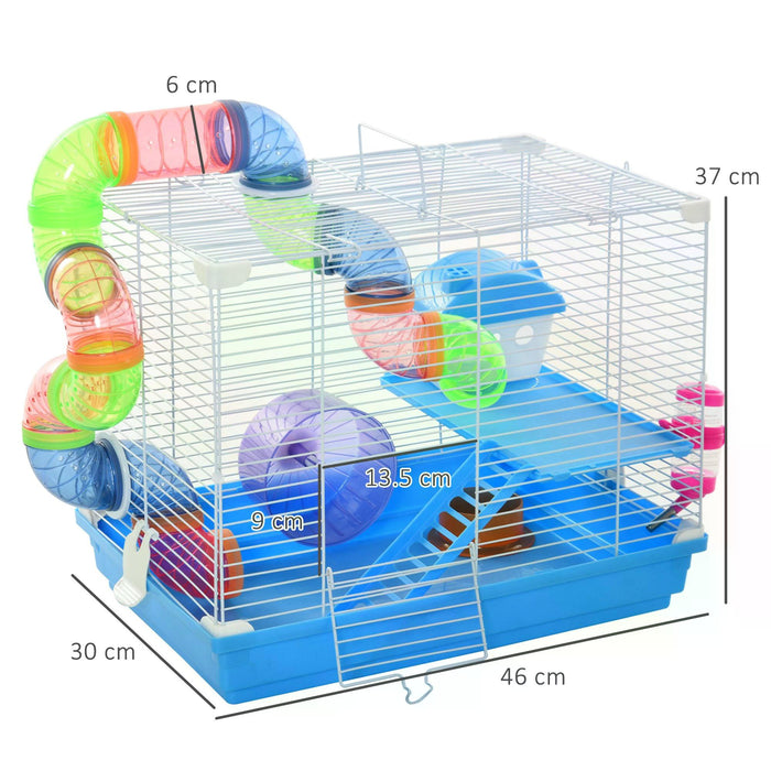 Blue 2-Tier Hamster Cage with Accessories - Small Animal Habitat with Exercise Wheels, Tunnel Tube, and Ladder - Ideal for Dwarf Mice and Hamster Comfort