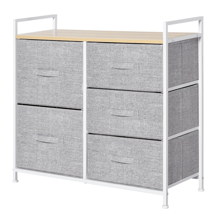 5-Drawer Linen Organizer Chest - Home Organization with Shelf, Handles, Metal Frame and Adjustable Feet - Space-Saving Dresser for Hallways and Bedrooms, Grey