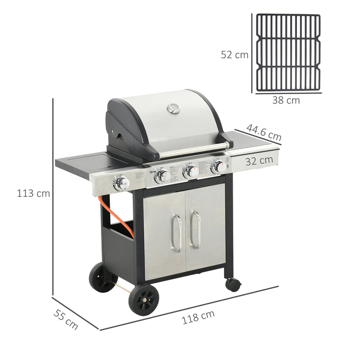 3+1 Gas Burner Barbecue Grill with Smoker - Outdoor BBQ Trolley with Side Burner, Warming Rack, and Side Shelves - Ideal for Garden Cooking with Piezo Ignition and Built-in Thermometer