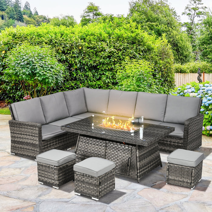 Luxury 9-Person PE Rattan Outdoor Sofa Set - Includes 50,000 BTU Gas Fire Pit Table & 3 Footstools - Perfect for Patio Gatherings and Cozy Evenings