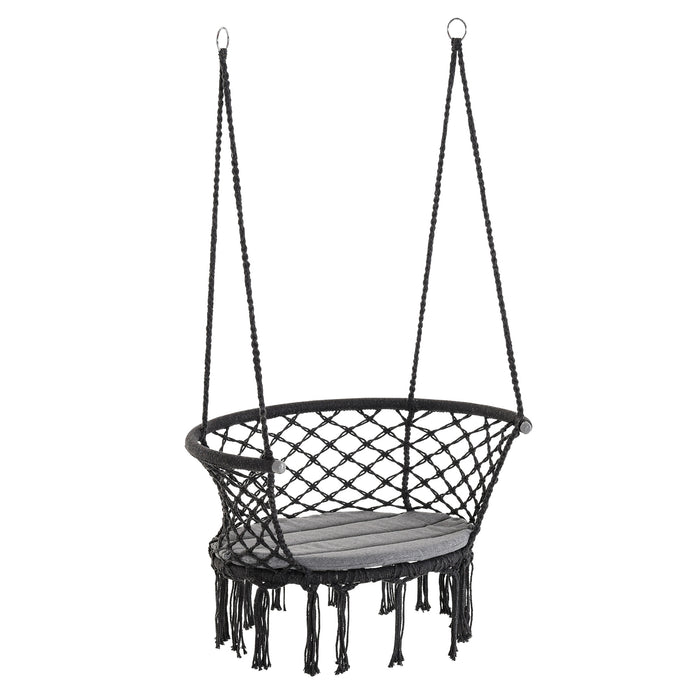 Cotton Rope Hanging Hammock Chair with Cushioned Metal Frame - Large Macrame Porch Swing for Patio and Home Decor - Cozy Swing Seat for Relaxation in Bedroom, Living Room, Dark Grey