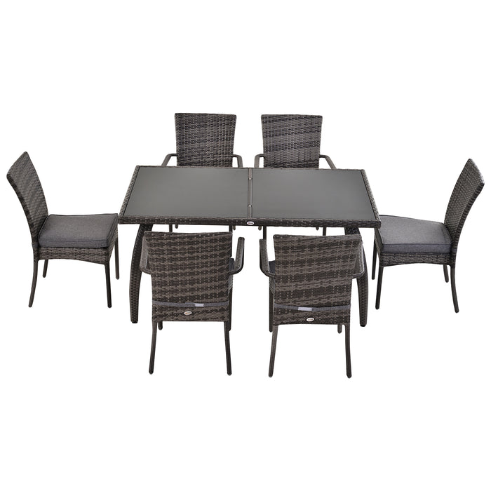 6-Seater Garden Dining Set - PE Rattan Wicker with Steel Frame, Large Glass Top Table & Curved Legs - Thick Cushions & Feet Pads, Outdoor Entertaining, Grey