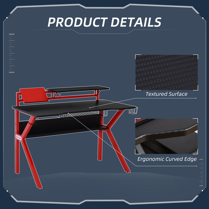 Sturdy Gaming Desk with Metal Frame - Ergonomic Computer Table with Cup Holder, Headphone Hook & Cable Basket - Ideal for Gamers and Home Office Use