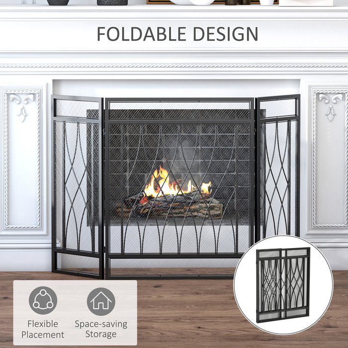 Metal Mesh Fire Spark Guard - 3-Panel Folding Fireplace Screen, 126x3x80cm in Black - Safety Accessory for Home & Hearth