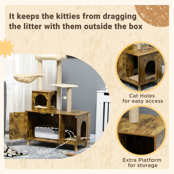 Rustic Brown Multi-Functional Cat Litter Box Enclosure - Includes Tree Tower, Hammock, & Cozy Cushion - Stylish House & Activity Center for Cats