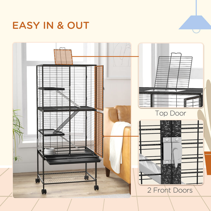 Rolling Chinchilla Cage with Accessories - Multi-Level Small Animal Habitat with 3 Access Doors, Storage Shelf & Removable Trays - Ideal for Ferrets, Includes Food Bowl & Water Bottle