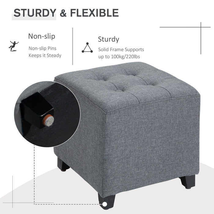 Linen-Look Ottoman with Button Tufting - Upholstered Square Footstool, Padded Wood Frame, Side Table Functionality - Stylish Grey Home Furniture for Living Room Comfort and Versatility