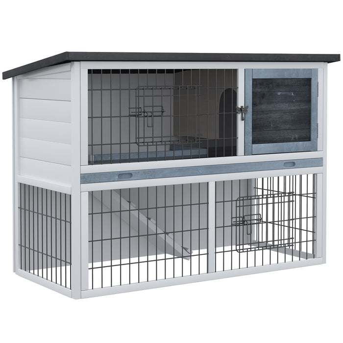 Two-Story Fir Wood Pet Hutch - Small Animal Enclosure with Sliding Tray, Grey Finish - Ideal Habitat for Rabbits & Guinea Pigs