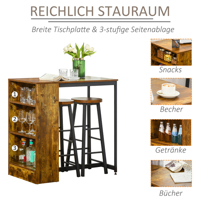 Industrial Style 3-Piece Bar Table Set - Pub Dining Ensemble with Height-Adjustable Table and 2 Stools, Storage Shelf - Ideal for Home Entertainment and Small Spaces, Rustic Brown Finish