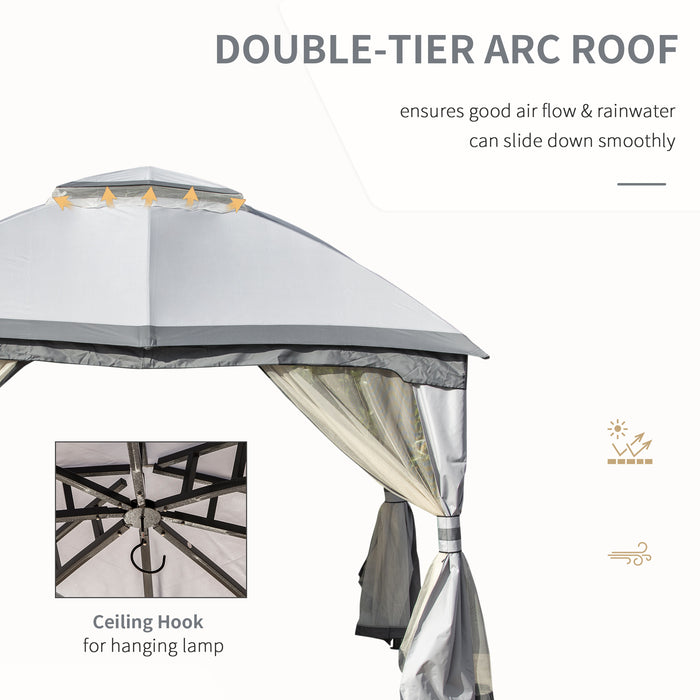 Metal Gazebo Canopy 3.7x3m with Netting Sidewalls - Double Tiered Roof Garden Patio Shelter - Ideal for Outdoor Parties and Gatherings