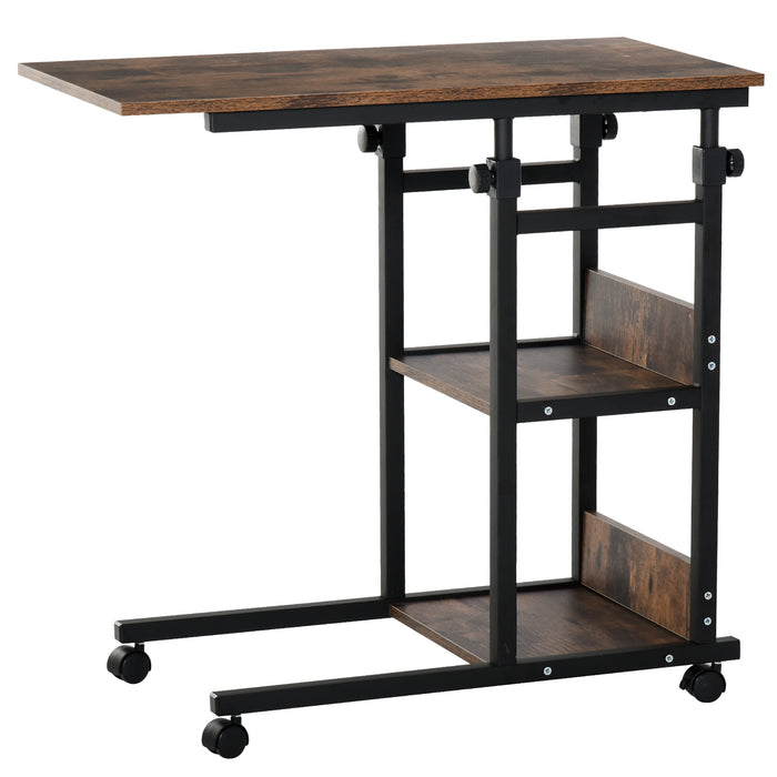 Industrial C-Shaped Rolling Side Table - 3-Tier Storage, Adjustable Height, End Desk with Wheels - Convenient for Sofa/Bedside Use & Small Space Organization