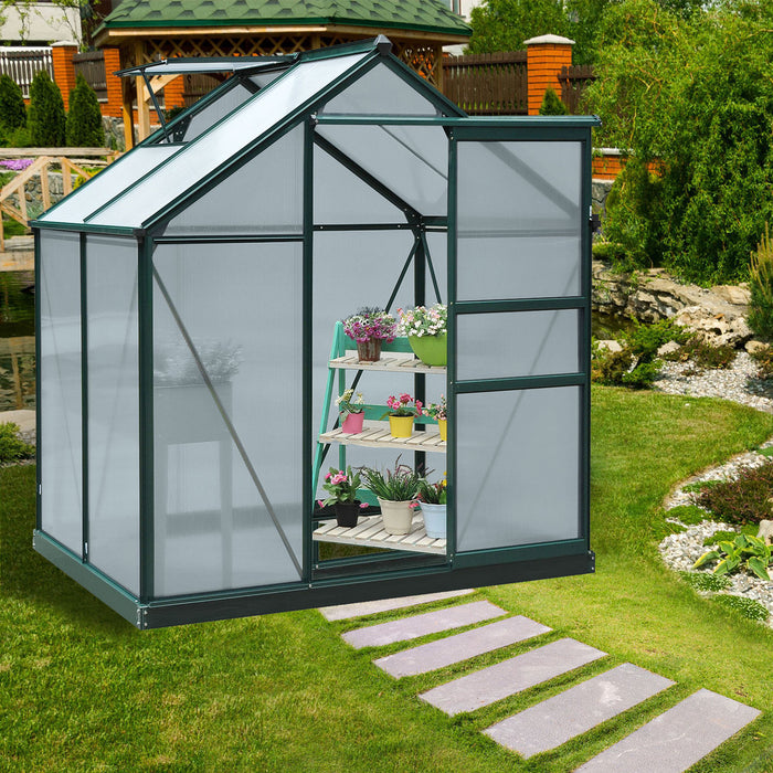 Large Walk-In Polycarbonate Greenhouse - Sturdy Aluminum Frame with Galvanized Base, 6x4 ft, Sliding Door - Ideal for Year-Round Gardening and Plant Growth