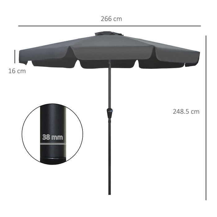 2.7m Patio Parasol with Tilt and Crank - Outdoor Garden Umbrella, 8 Ribs, Ruffles, Sun Shade, Black - Ideal for Outdoor Dining and Lounging