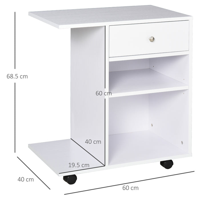 Mobile Printer Stand with CPU Holder - Rolling Desk Side Cart, Drawer, Adjustable Shelf & Wheels in White - Space-Saving Office Organizer for Printers & Accessories