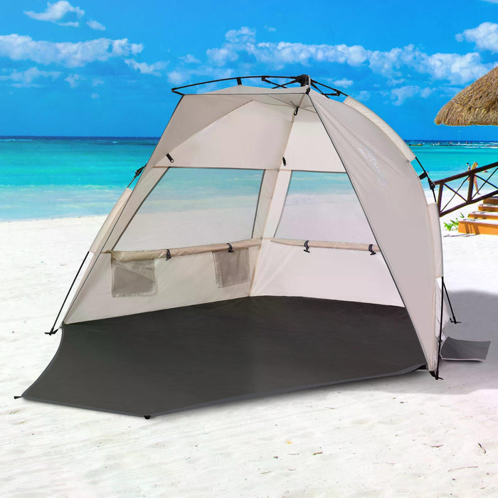 Pop-Up Sun Shelter for 1-2 People - UV 20+ Protection, Mesh Windows, Long Floor & Sandbags - Portable Beach Tent with Carry Bag for Summer Outings