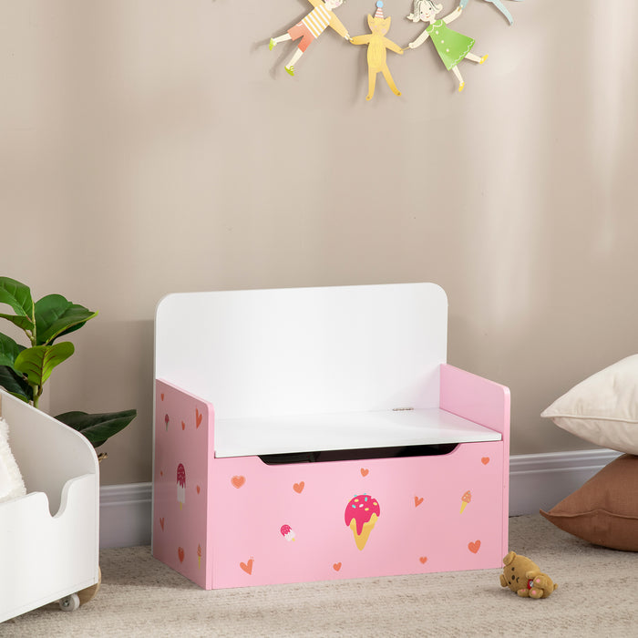 Wooden Toy Box with Safety Pneumatic Rod - Kid-Friendly Storage Bench and Toy Chest with Cute Pink Pattern - Ideal for Organizing Children's Toys and Seating